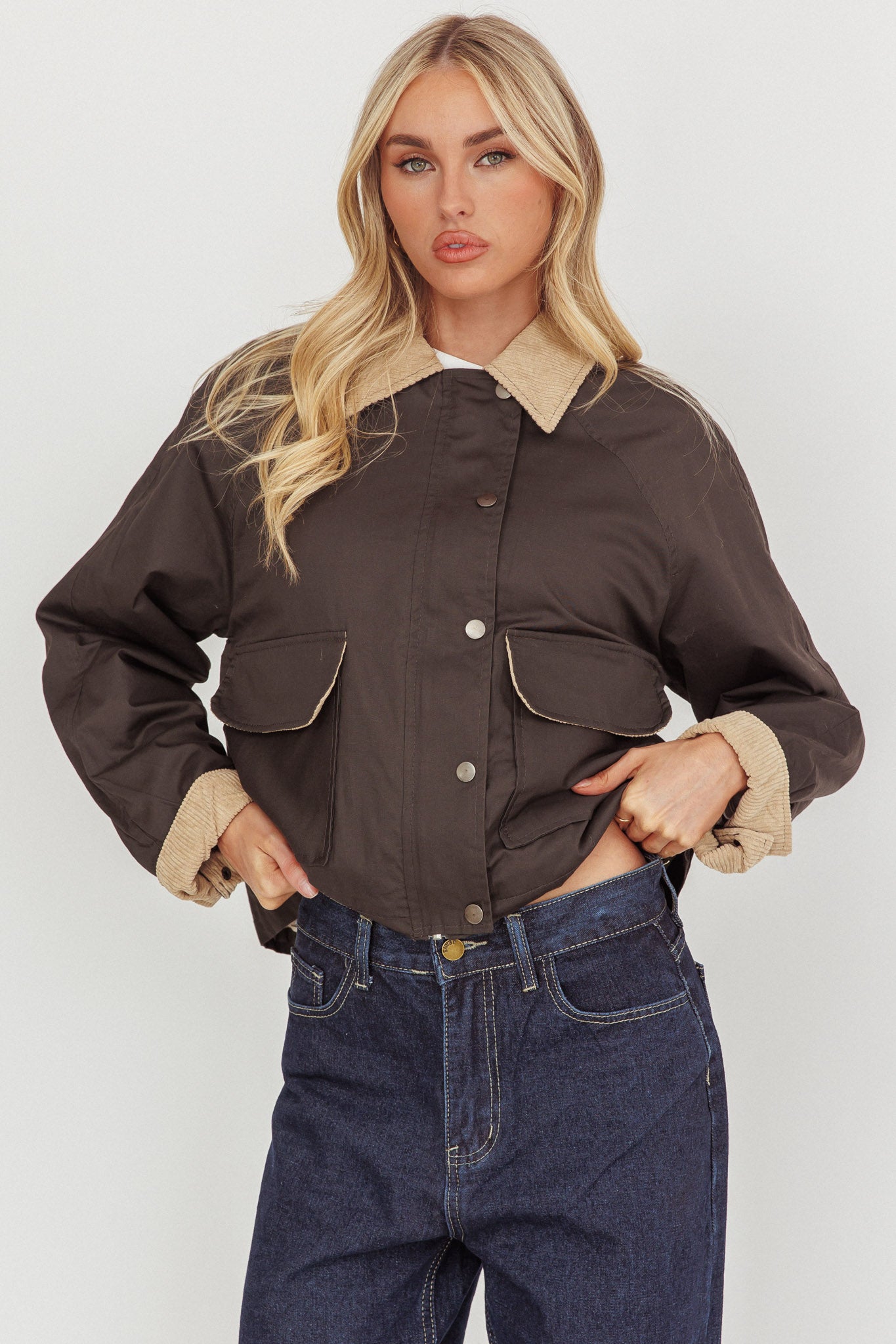 Halona Snap Button Pocket Jacket Charcoal-Maymioy