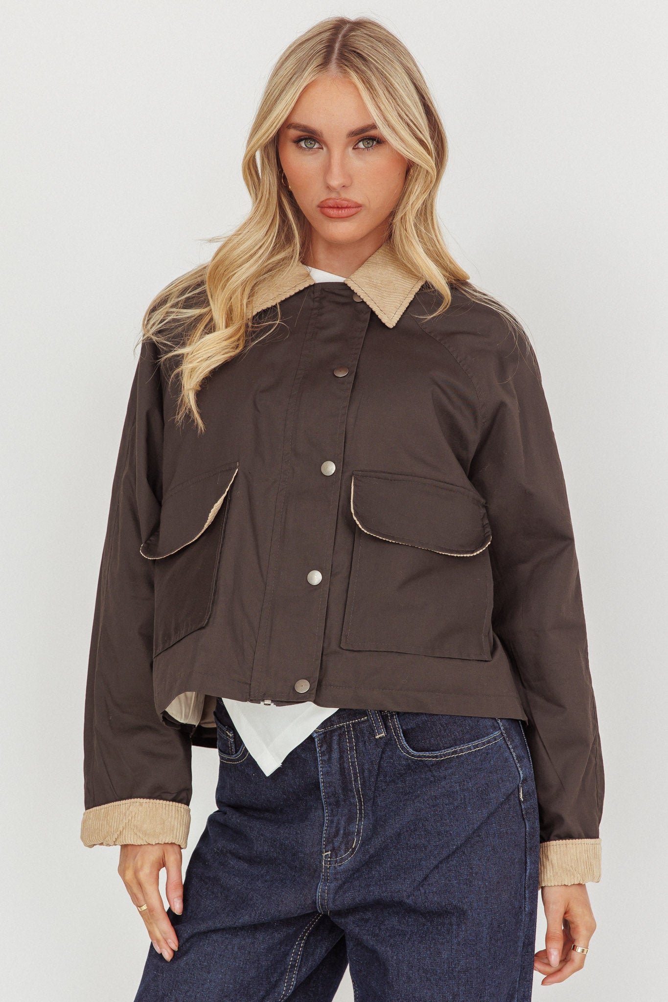 Halona Snap Button Pocket Jacket Charcoal-Maymioy