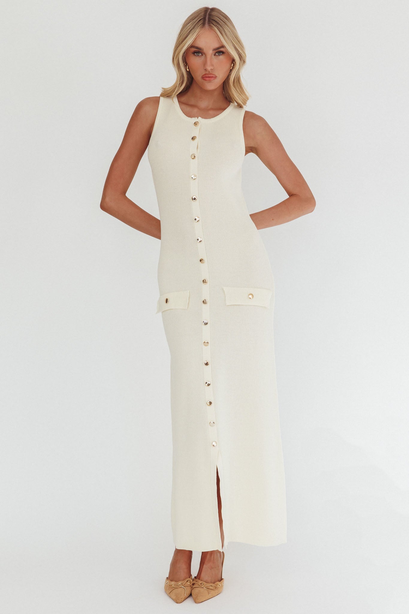 Kelani Gold Button Knit Maxi Dress Cream-Maymioy