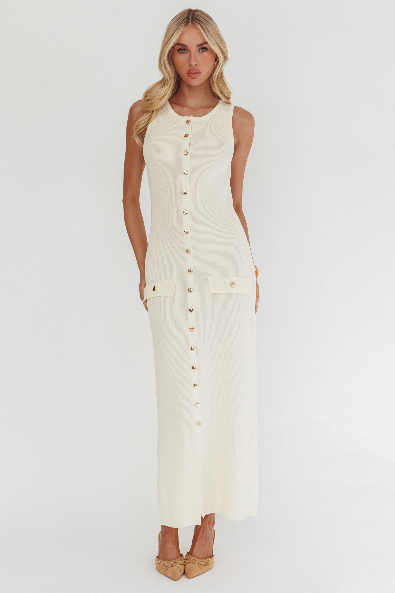 Kelani Gold Button Knit Maxi Dress Cream-Maymioy
