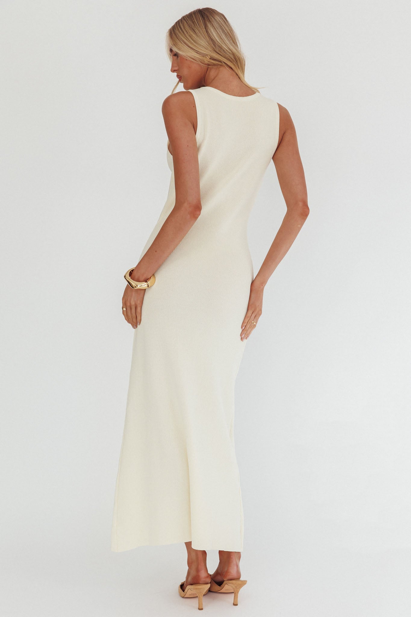 Kelani Gold Button Knit Maxi Dress Cream-Maymioy