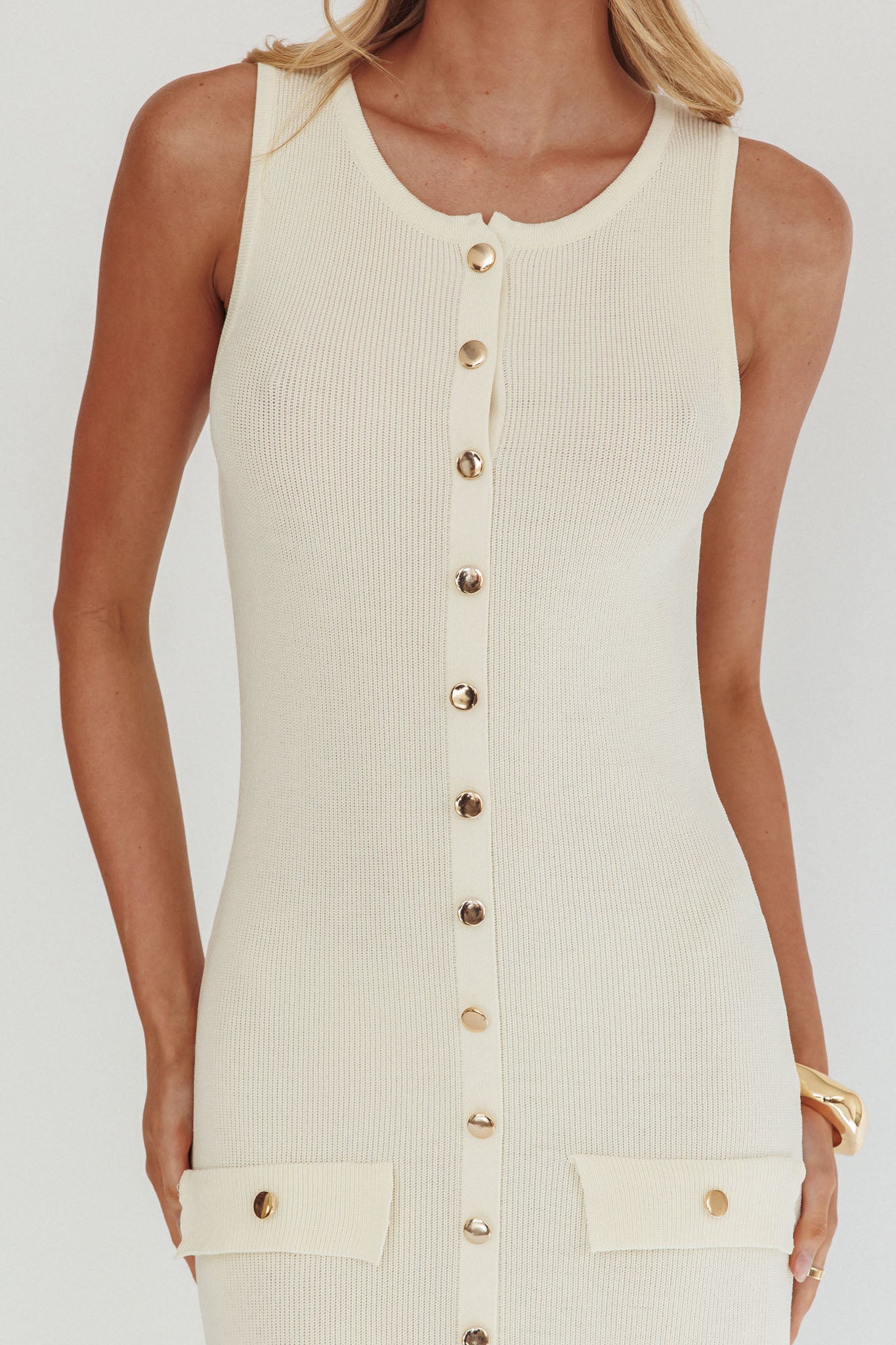 Kelani Gold Button Knit Maxi Dress Cream-Maymioy