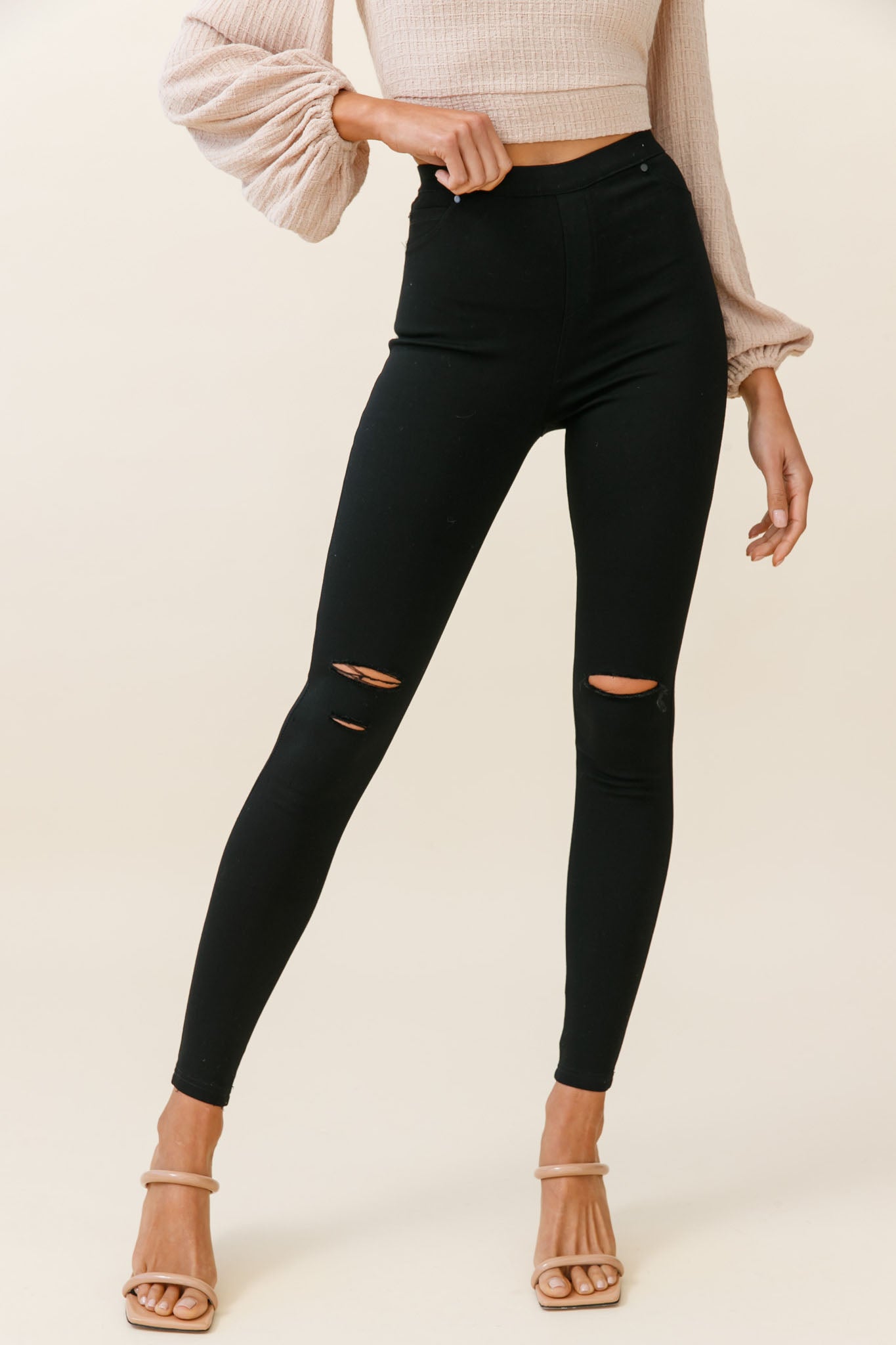 Charleston High-Waisted Ripped Detail Skinny Leg Pants Black-Maymioy