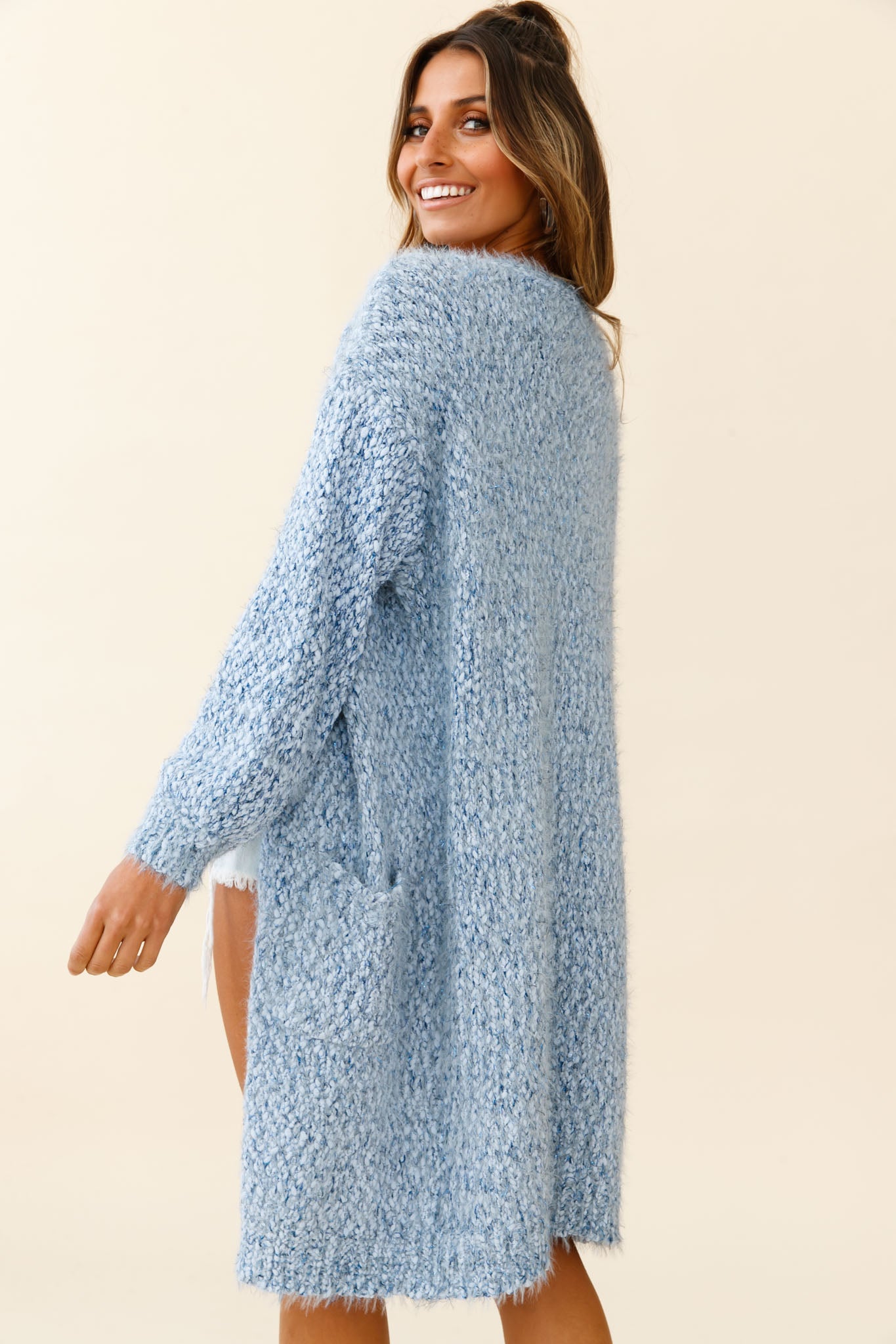 Take It Easy Long Sleeve Chunky Knit Duster Cardigan Blue-Maymioy