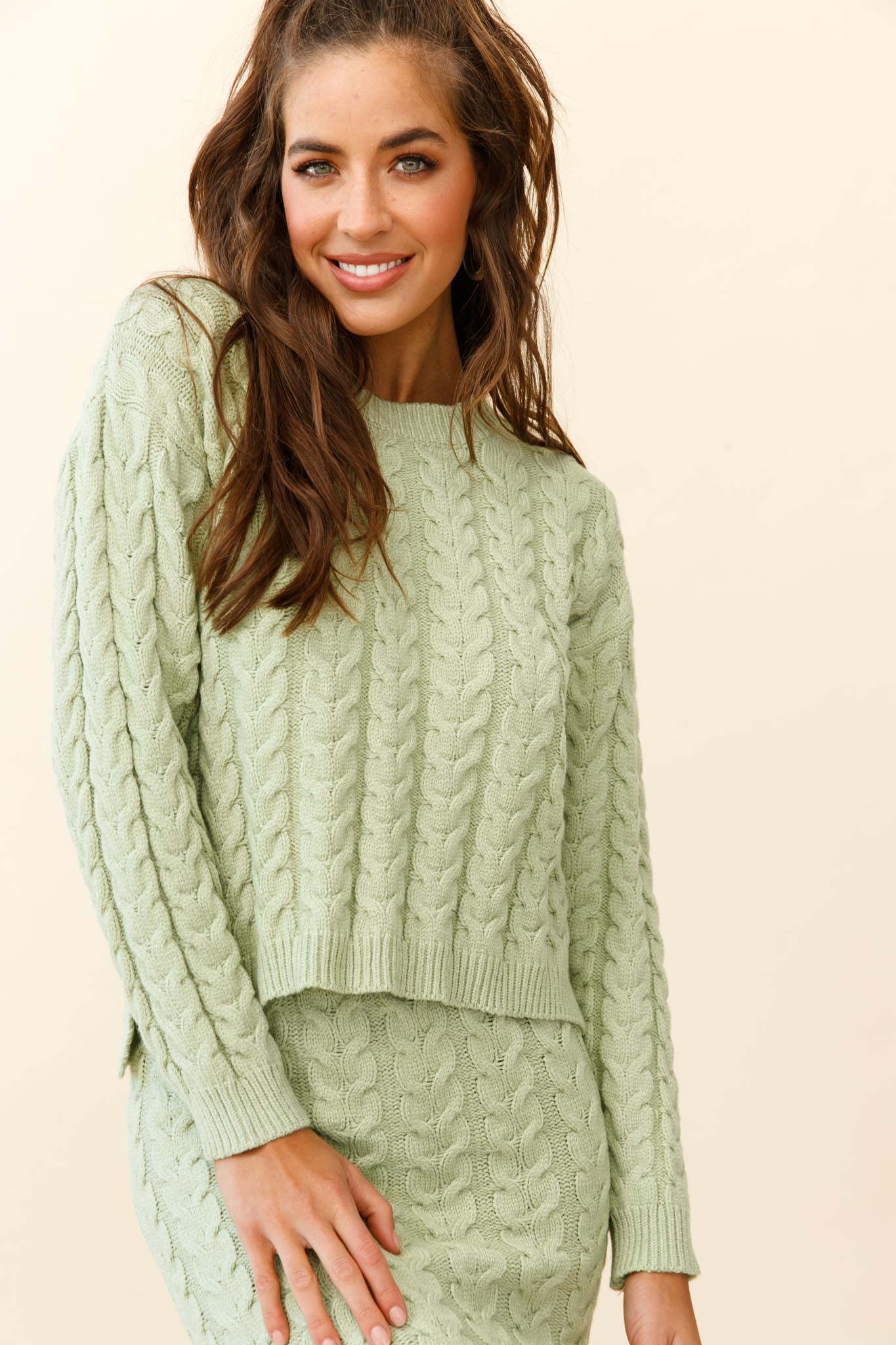 Cozy Up Cable Knit Midi Skirt Green-Maymioy