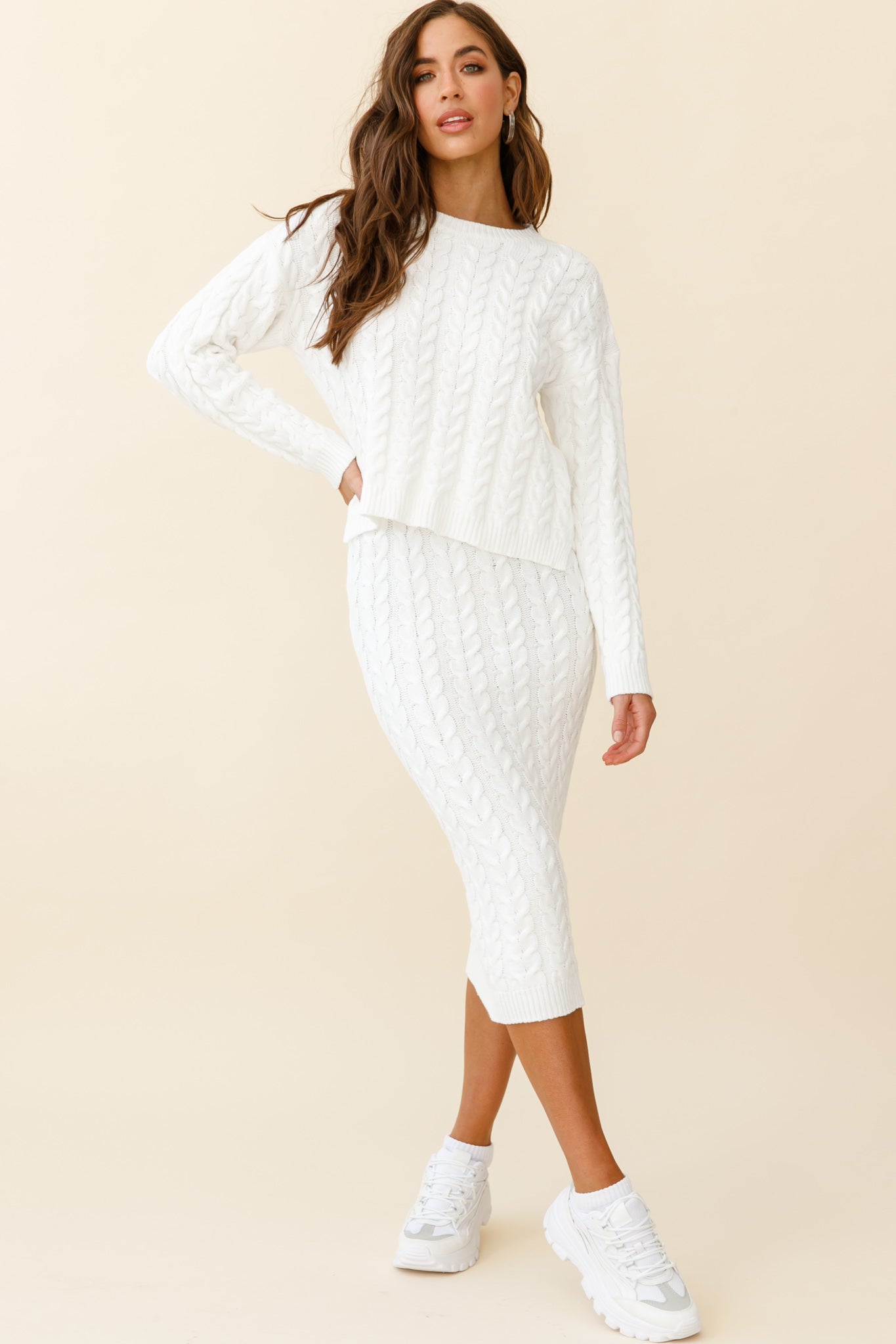 Cozy Up Cable Knit Midi Skirt White-Maymioy