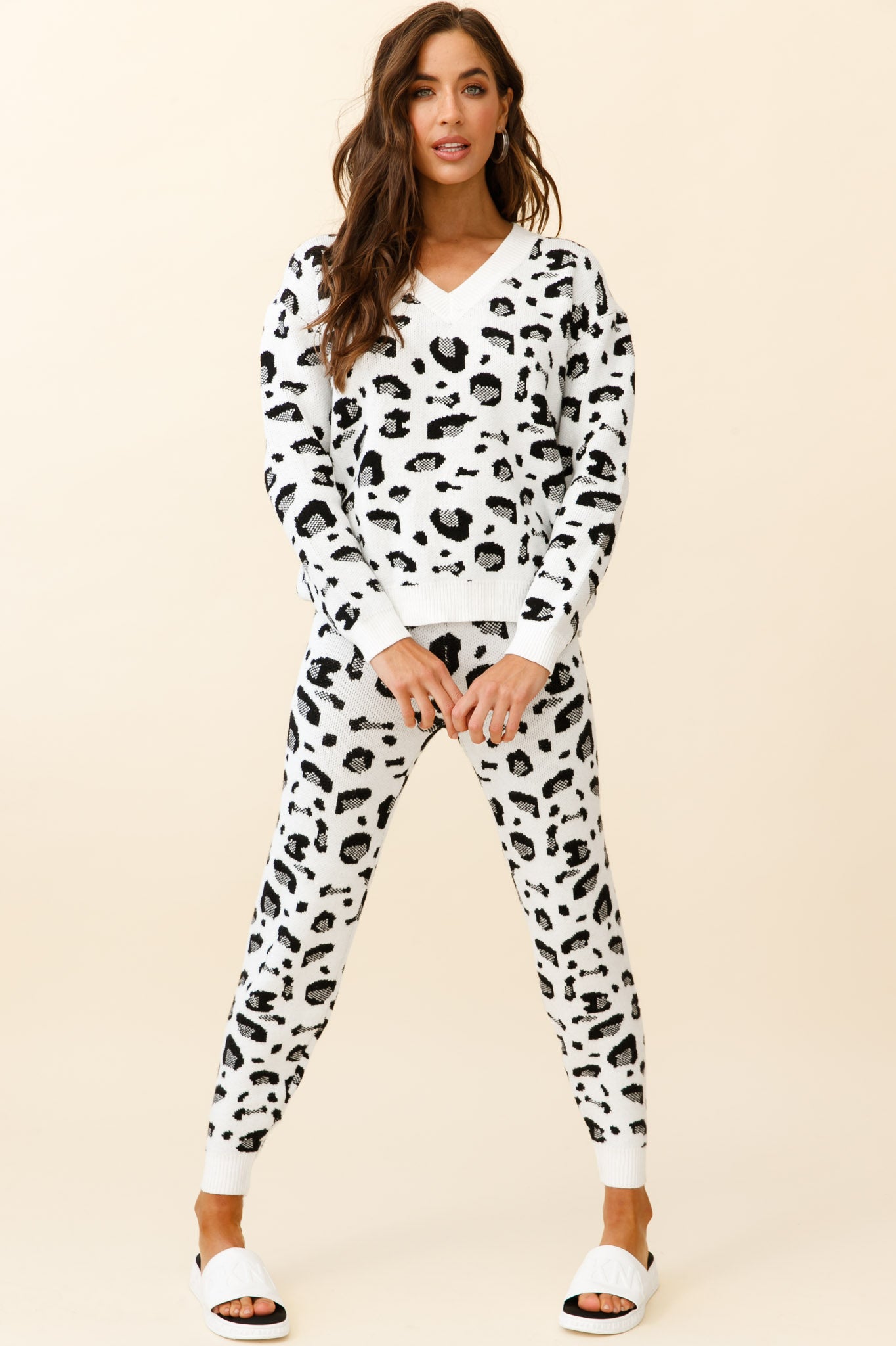 Chase The Moon V-Neck Sweater & Pants Set White Leopard Print-Maymioy