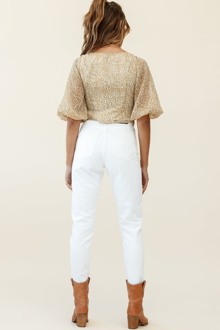 Taz Puff Sleeve Tie Front Top Leopard Print Mustard-Maymioy