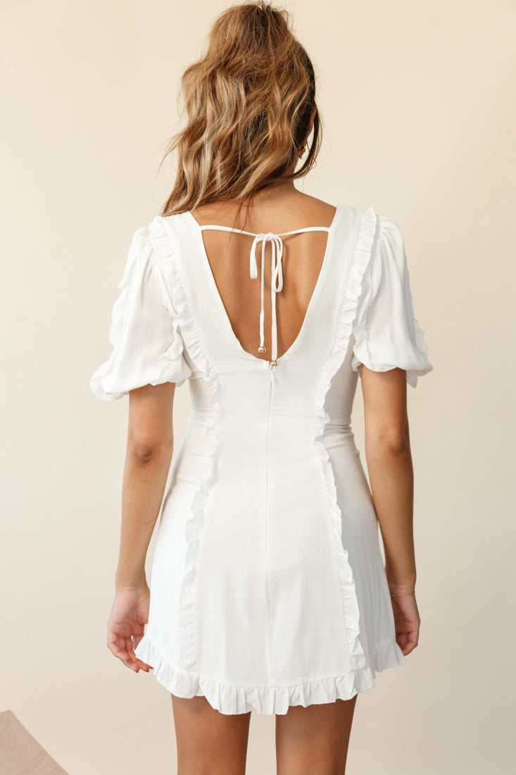 Maisy Puff Sleeve Frill Trim Dress White-Maymioy