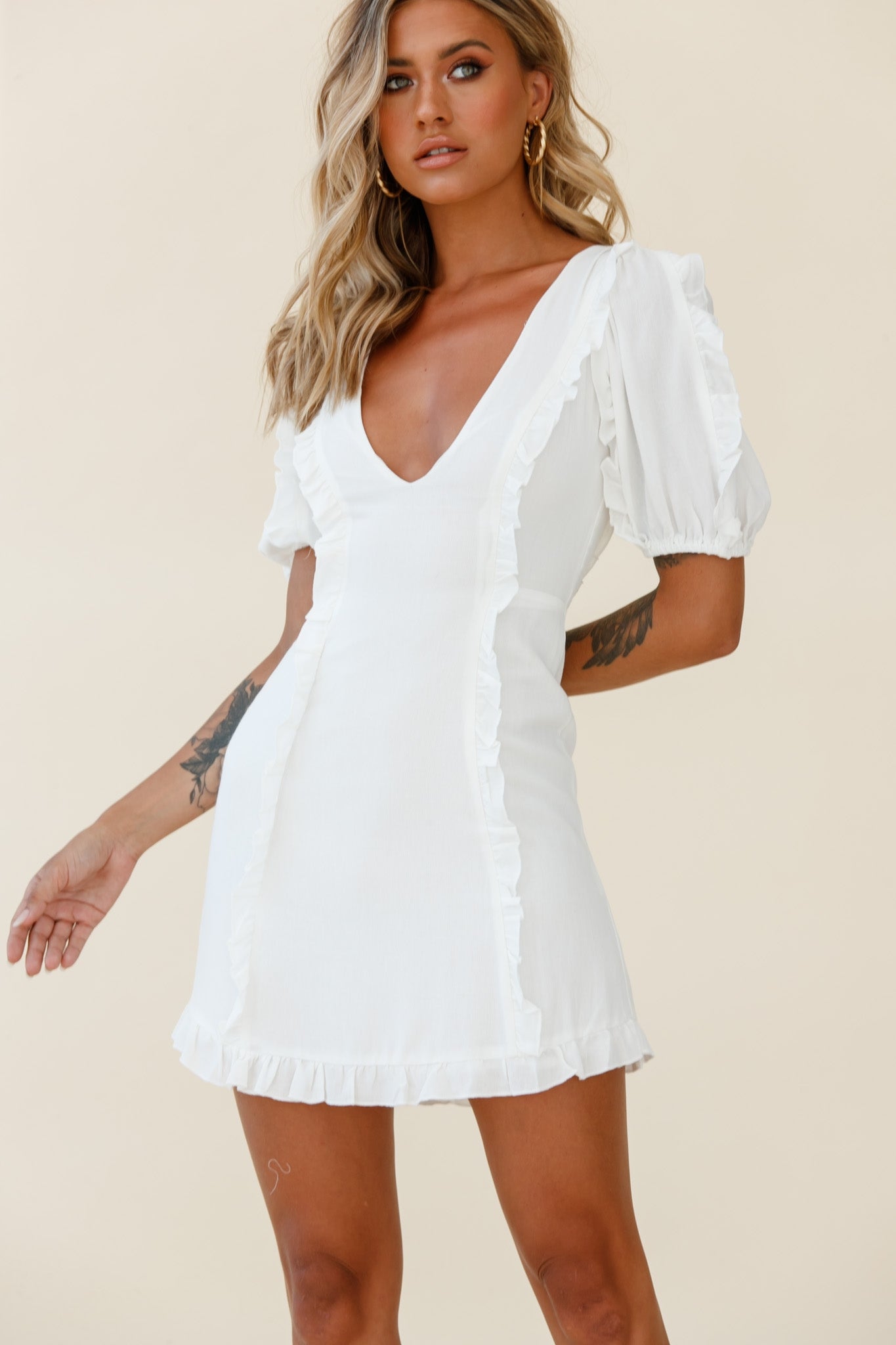 Maisy Puff Sleeve Frill Trim Dress White-Maymioy