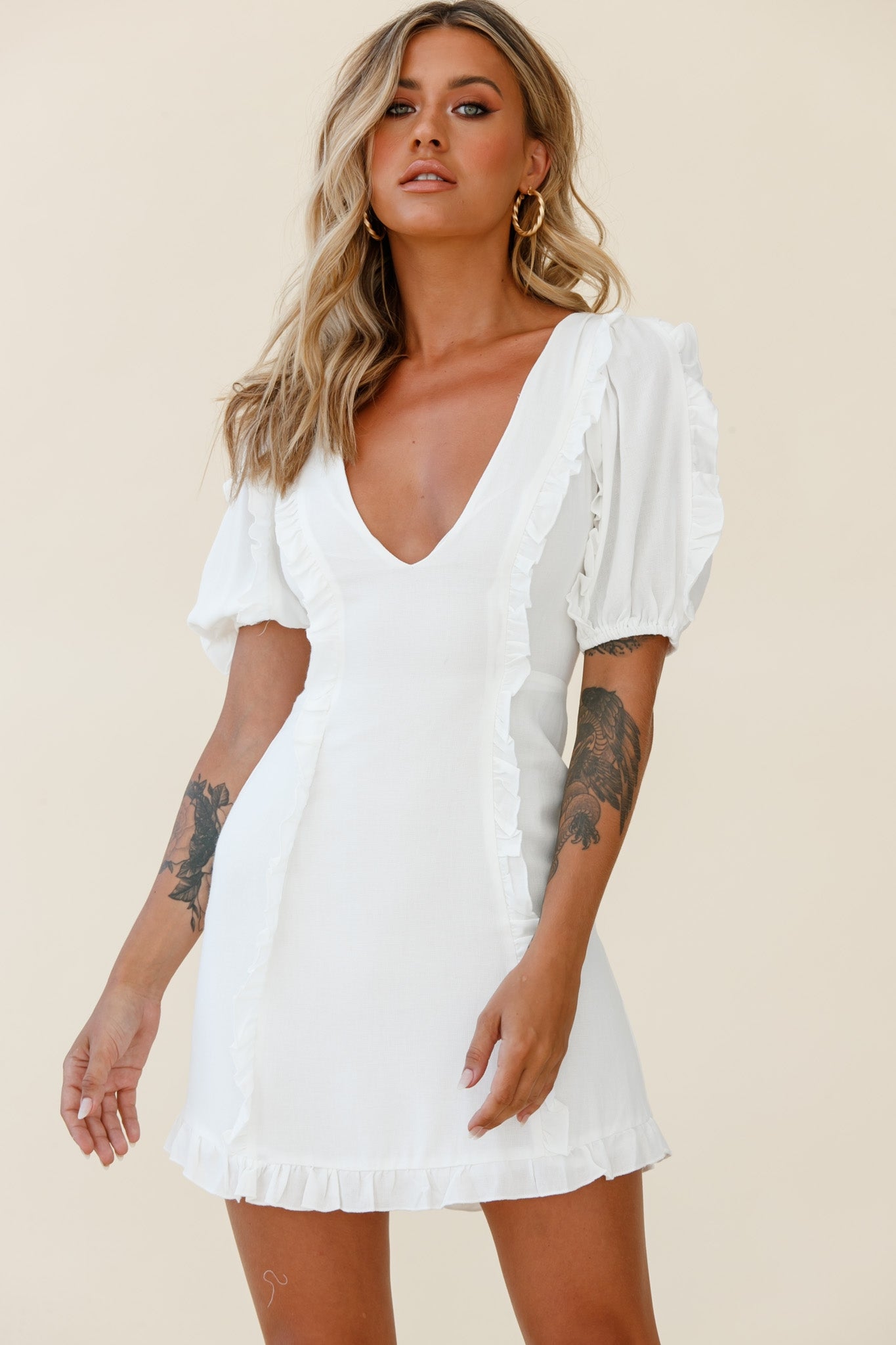 Maisy Puff Sleeve Frill Trim Dress White-Maymioy