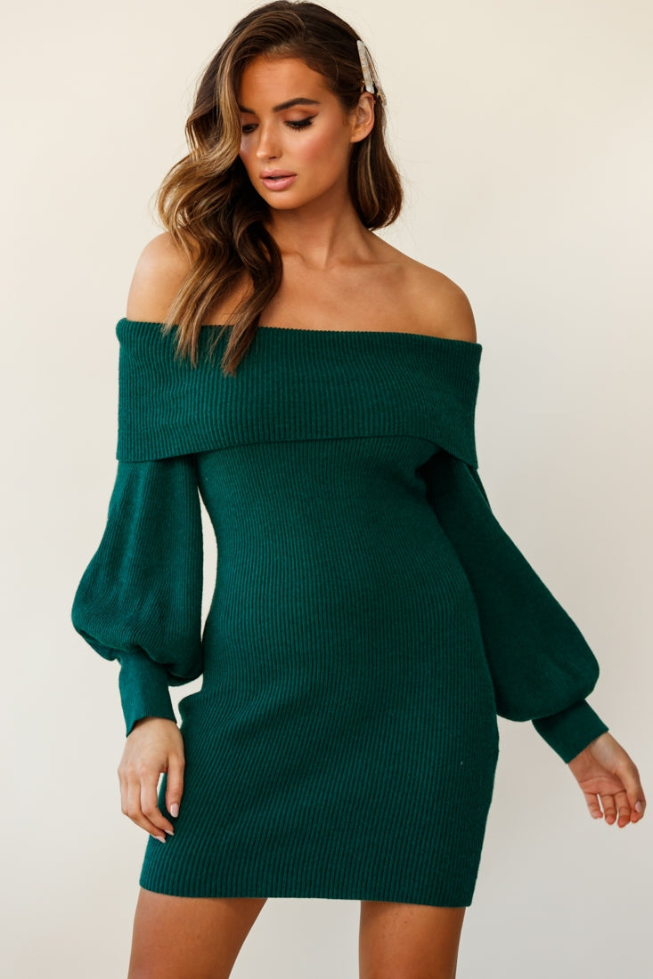 Runaway Off Shoulder Balloon Sleeve Knit Dress Forest Green-Maymioy