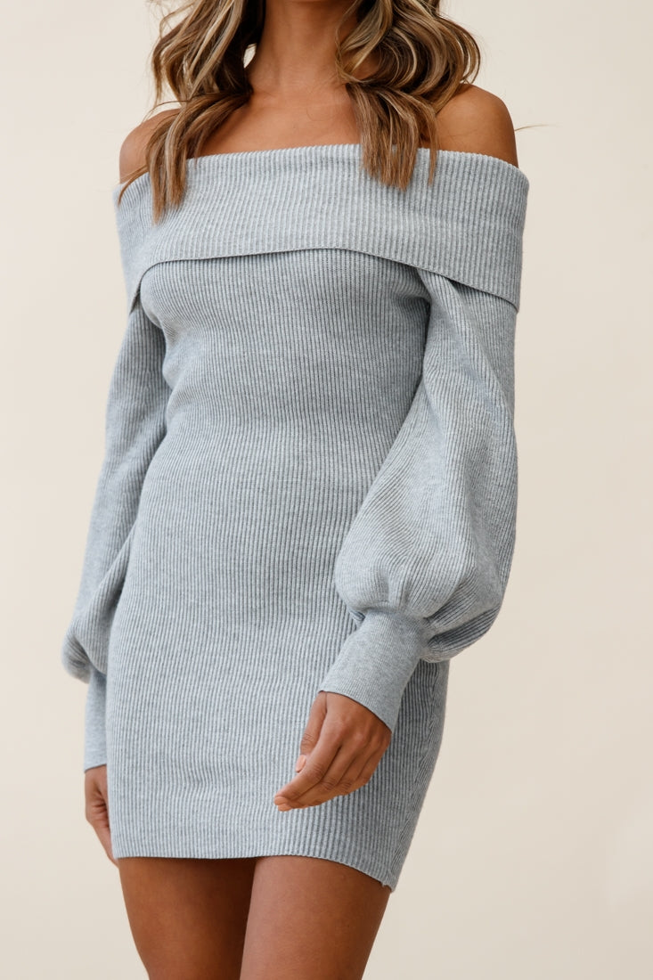 Runaway Off Shoulder Balloon Sleeve Knit Dress Grey-Maymioy