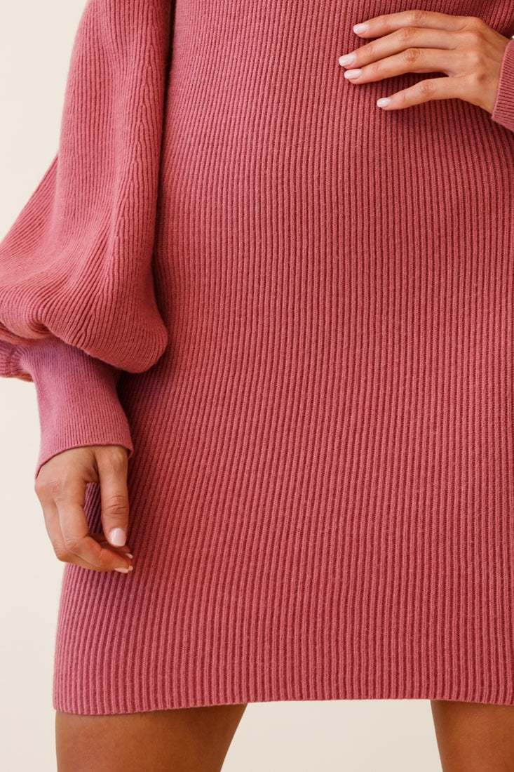 Runaway Off Shoulder Balloon Sleeve Knit Dress Rose-Maymioy