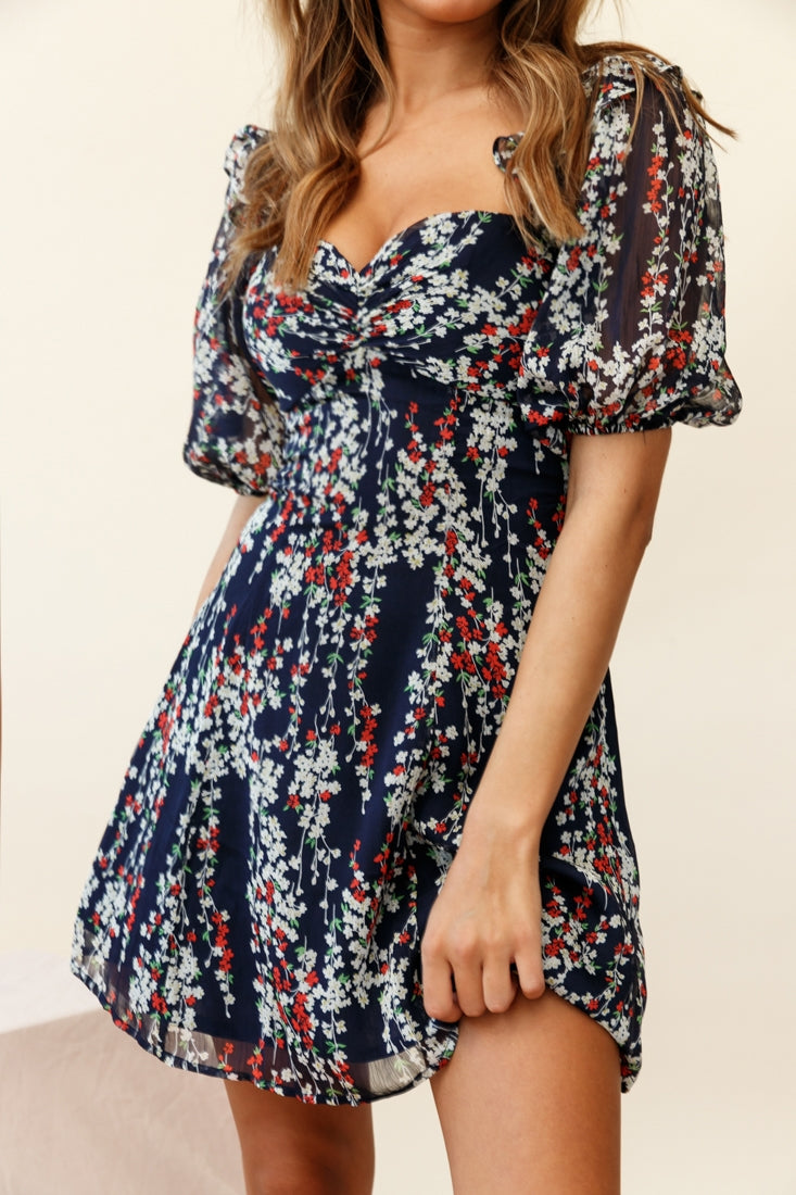 Cherub Puff Sleeve Sweetheart Neckline Dress Floral Print Navy-Maymioy