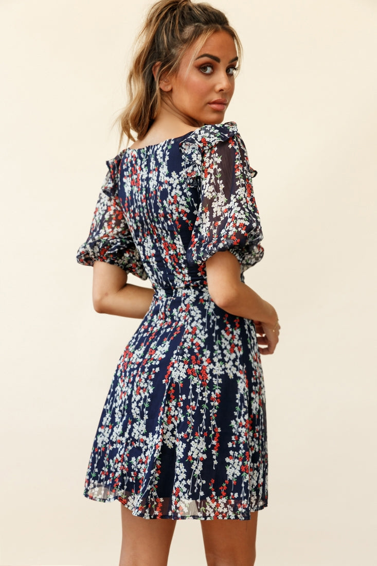 Cherub Puff Sleeve Sweetheart Neckline Dress Floral Print Navy-Maymioy