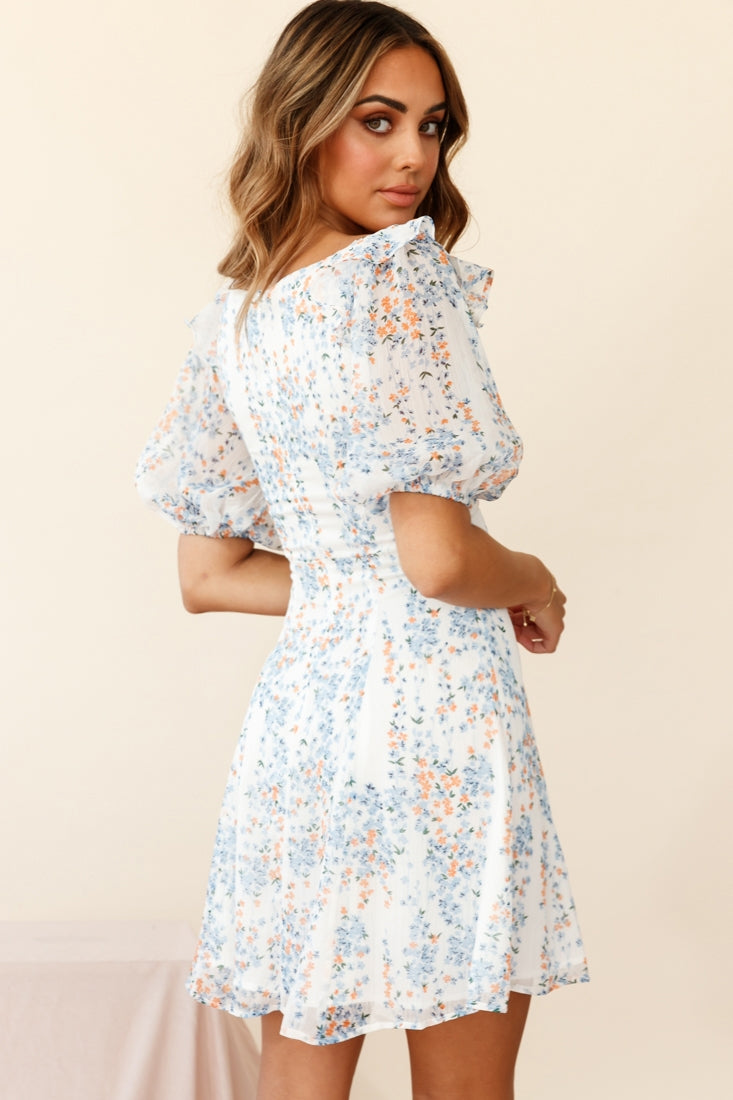 Cherub Puff Sleeve Sweetheart Neckline Dress Floral Print White-Maymioy