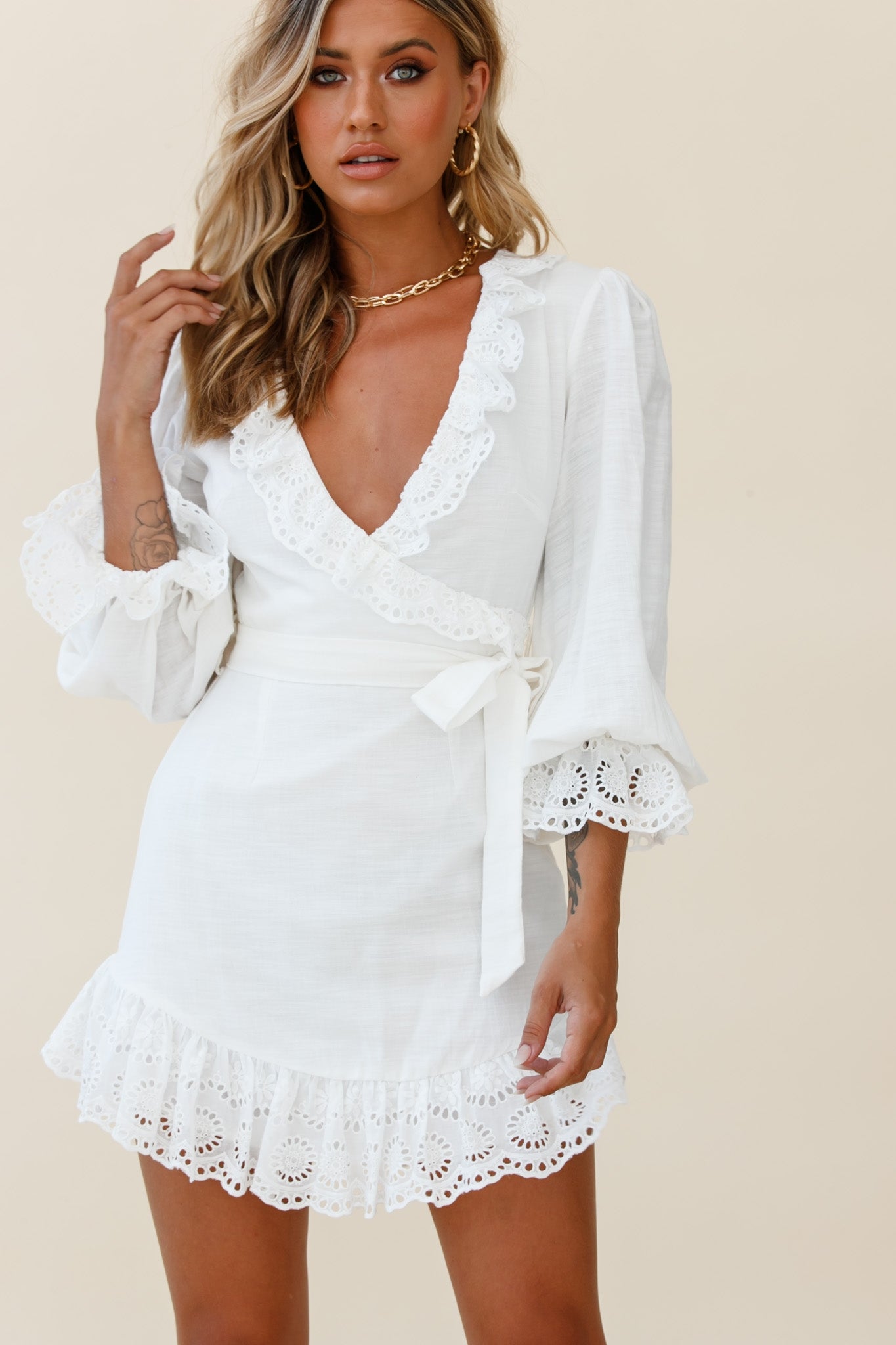 Terroni Lantern Sleeve Frill Hem Dress White-Maymioy