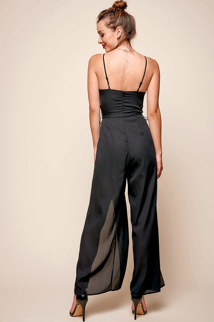 Carrie High Slit Chiffon Jumpsuit Black-Maymioy