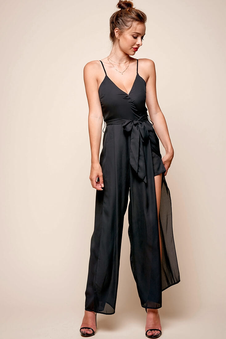 Carrie High Slit Chiffon Jumpsuit Black-Maymioy