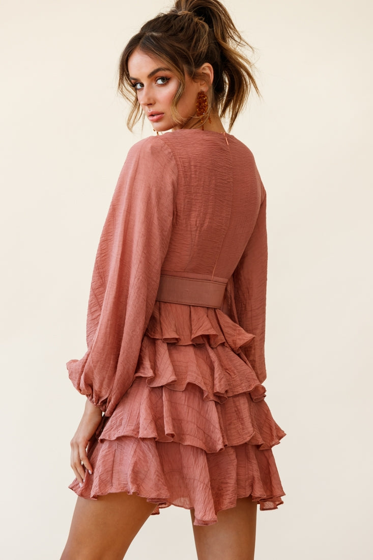 Queensland Balloon Sleeve Tiered Frill Belt Dress Rose-Maymioy