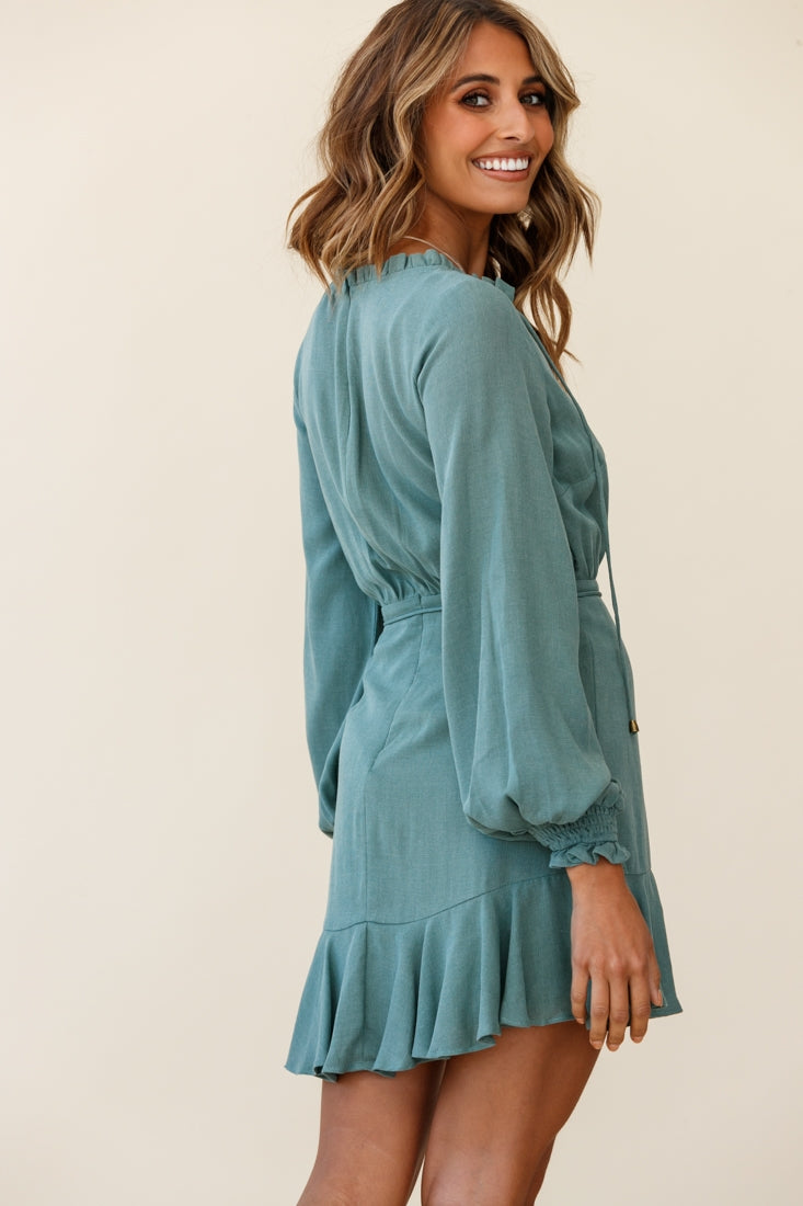 Santorini Long Sleeve String Tie Dress Sage-Maymioy