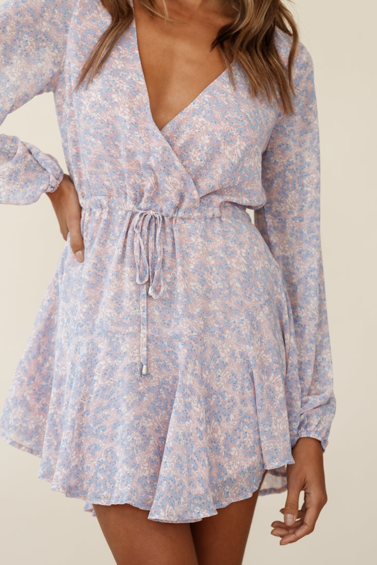 Marlene Long Sleeve Drawstring Waist Dress Floral Print Pink-Maymioy