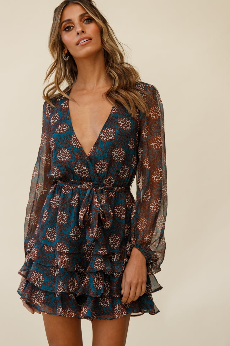 Starlight Balloon Sleeve Layered Frill Dress Floral Print Teal-Maymioy