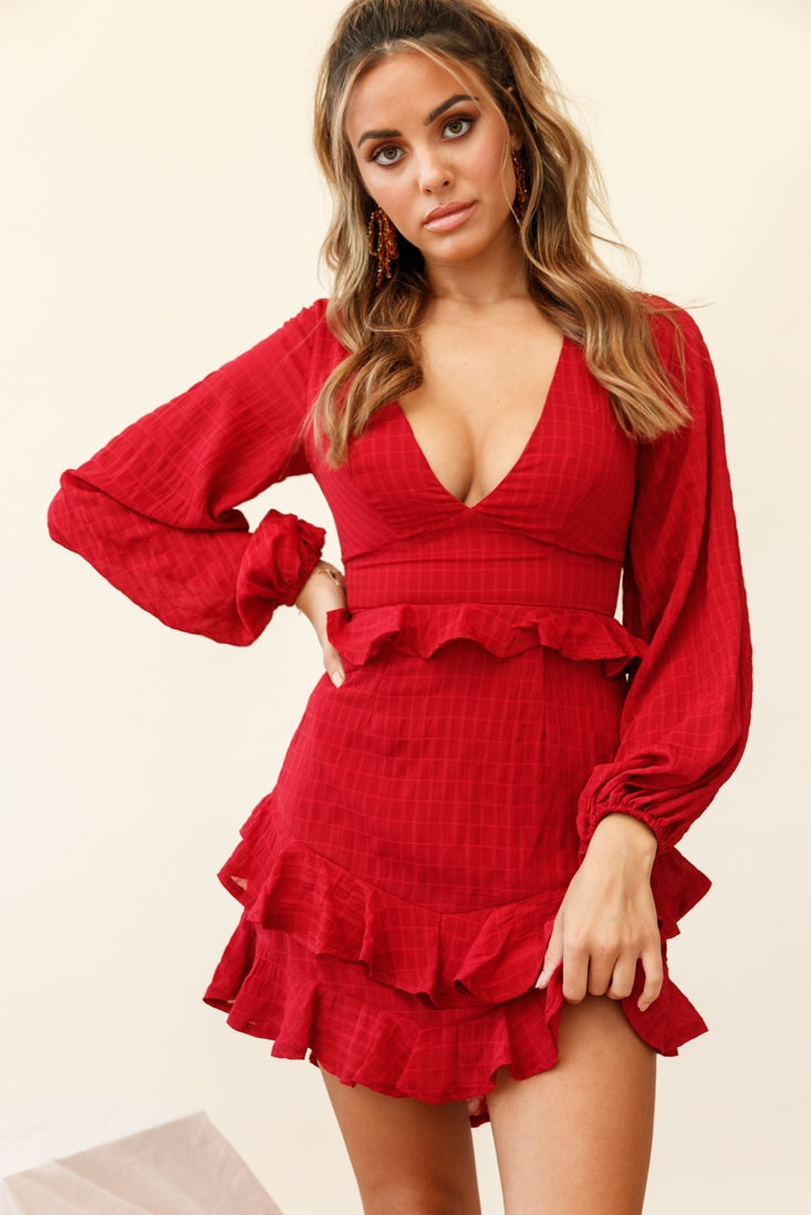 Queenie Long Balloon Sleeve Ruffle Trim Dress Wine-Maymioy