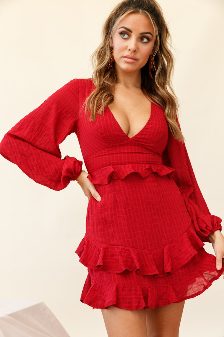 Queenie Long Balloon Sleeve Ruffle Trim Dress Wine-Maymioy