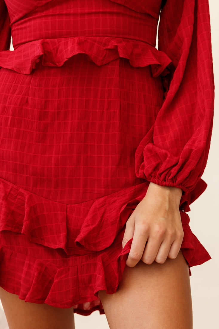 Queenie Long Balloon Sleeve Ruffle Trim Dress Wine-Maymioy