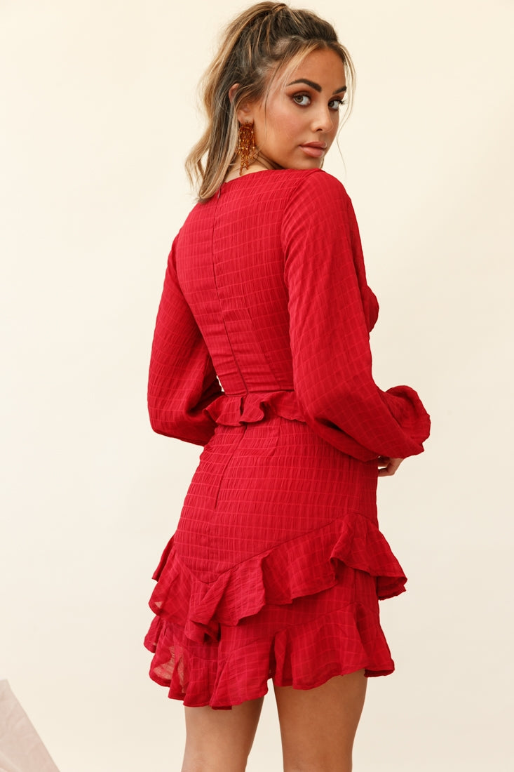 Queenie Long Balloon Sleeve Ruffle Trim Dress Wine-Maymioy