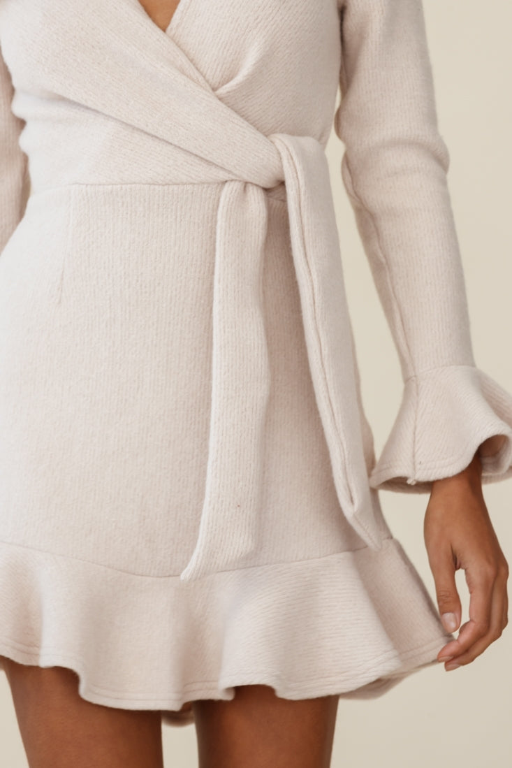 Shalini Flared Cuff Surplice Neckline Knit Dress Beige-Maymioy