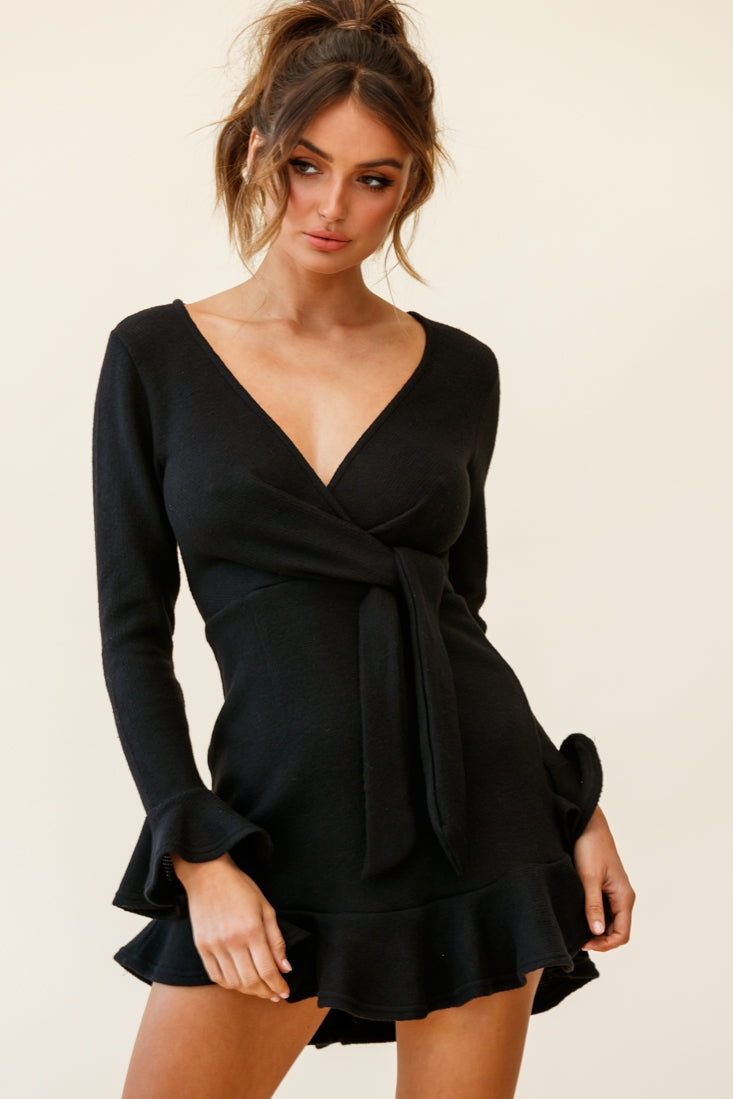 Shalini Flared Cuff Surplice Neckline Knit Dress Black-Maymioy