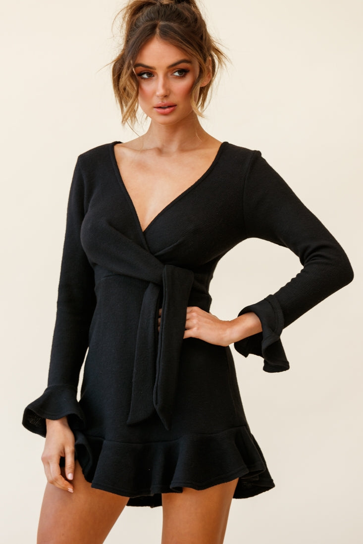 Shalini Flared Cuff Surplice Neckline Knit Dress Black-Maymioy