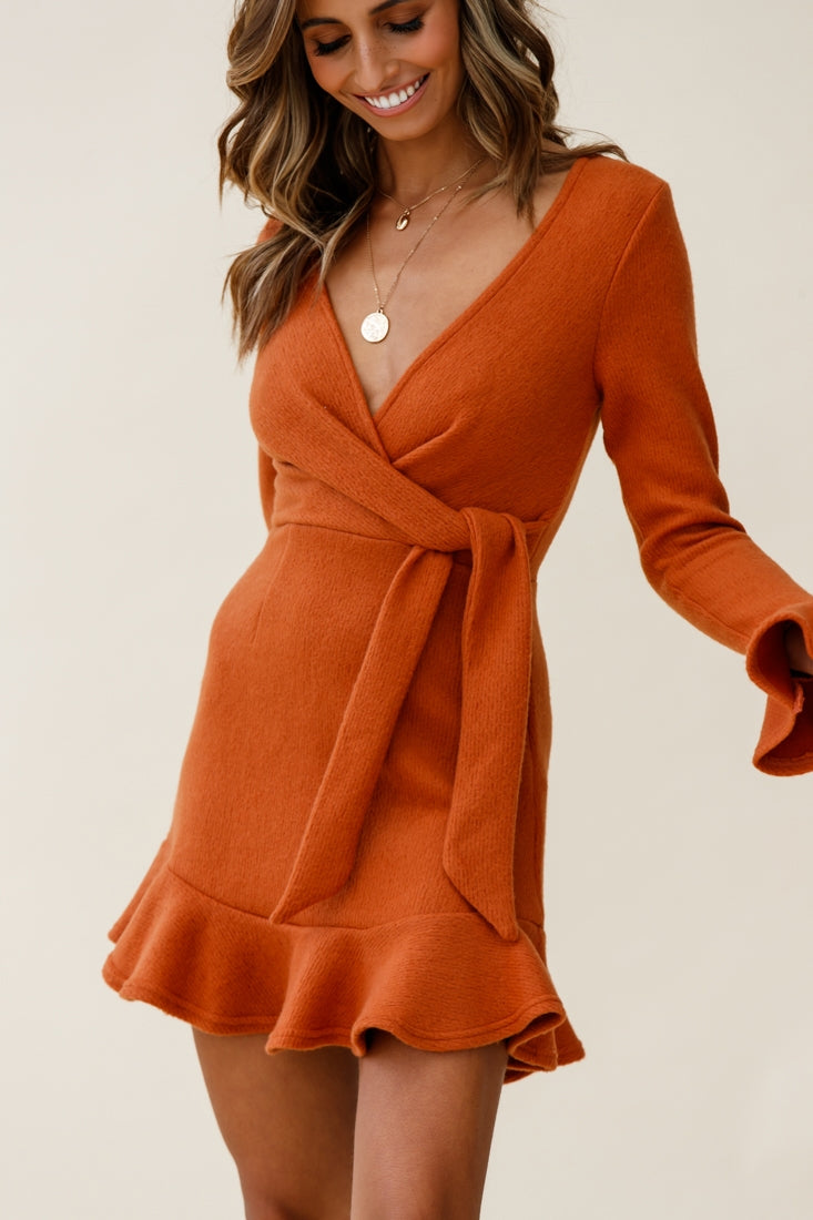 Shalini Flared Cuff Surplice Neckline Knit Dress Rust-Maymioy