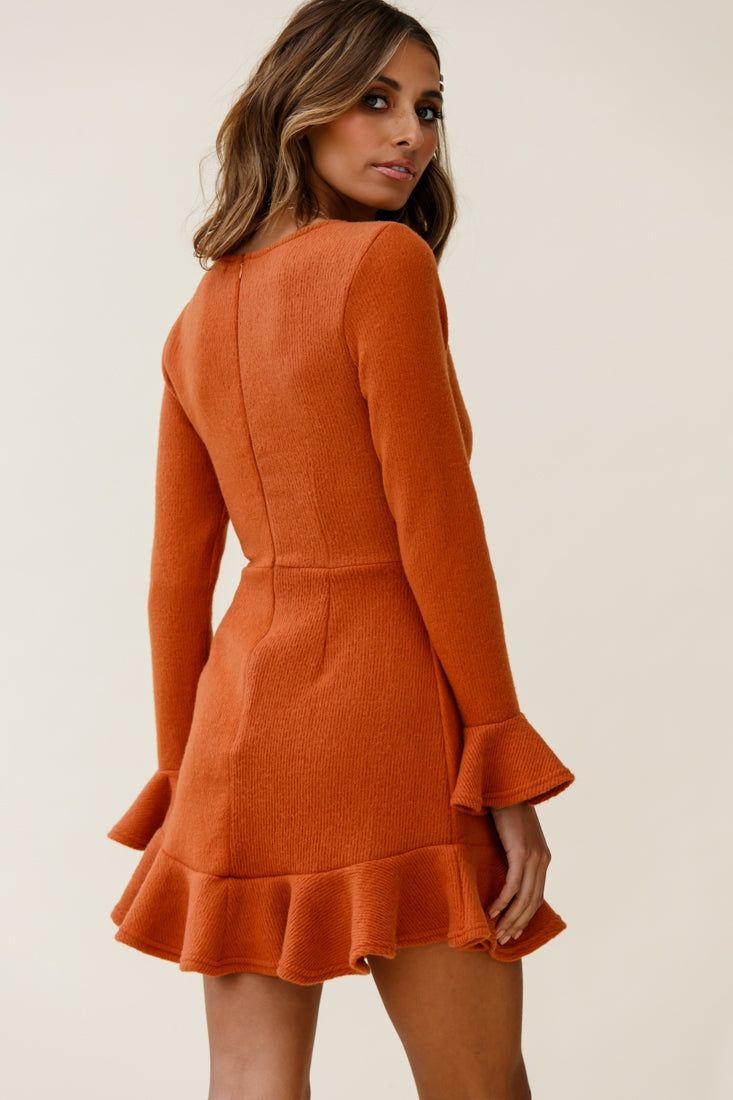 Shalini Flared Cuff Surplice Neckline Knit Dress Rust-Maymioy