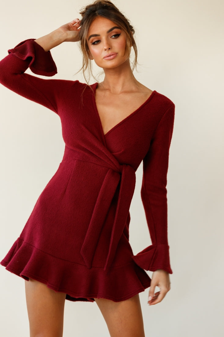 Shalini Flared Cuff Surplice Neckline Knit Dress Wine-Maymioy