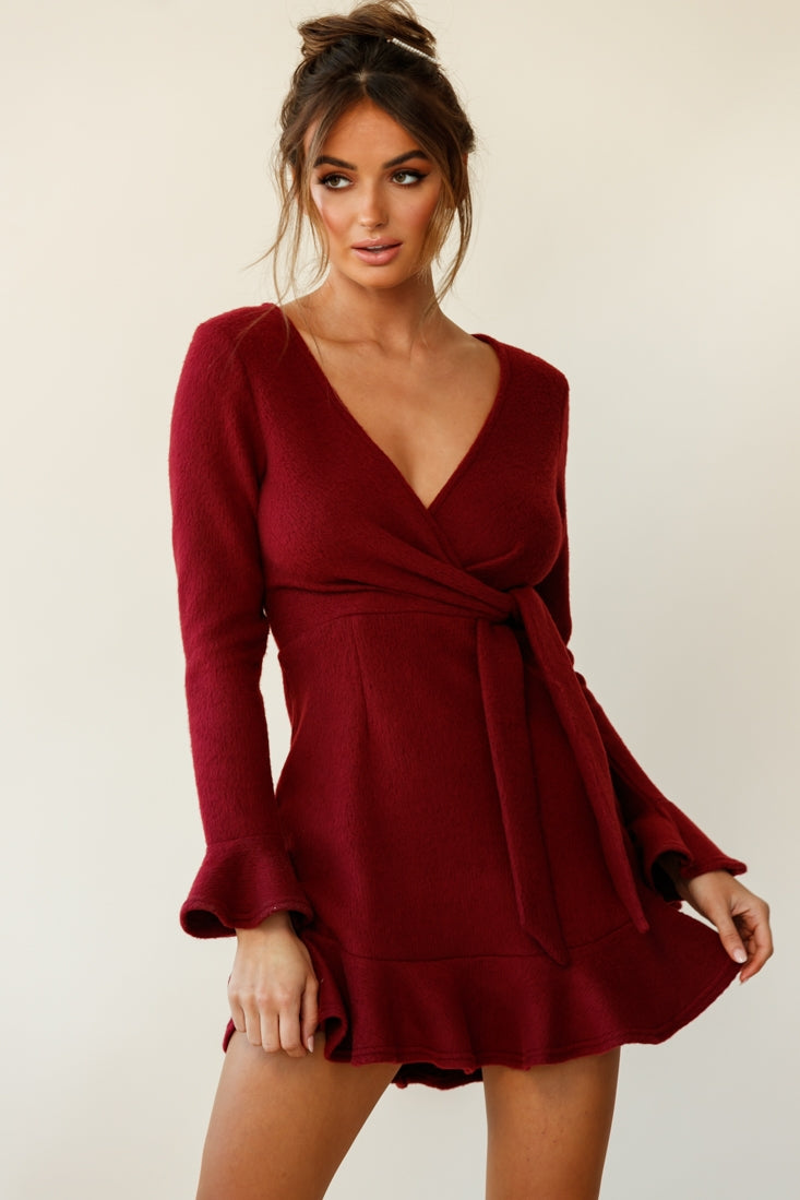 Shalini Flared Cuff Surplice Neckline Knit Dress Wine-Maymioy
