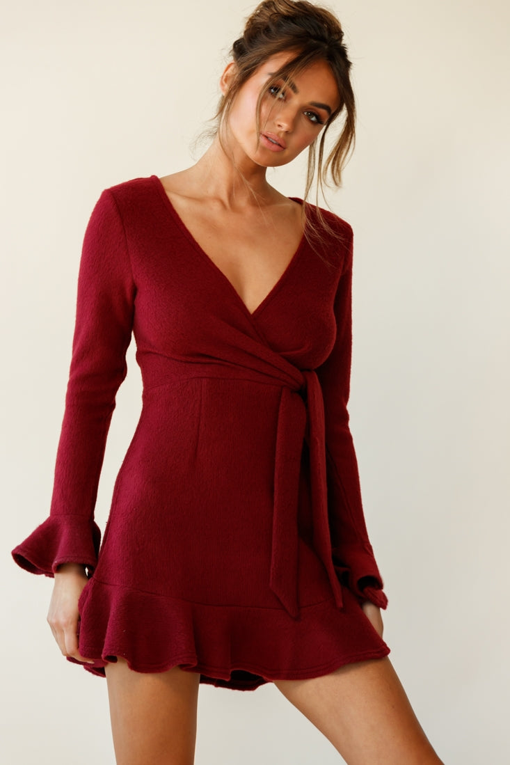 Shalini Flared Cuff Surplice Neckline Knit Dress Wine-Maymioy