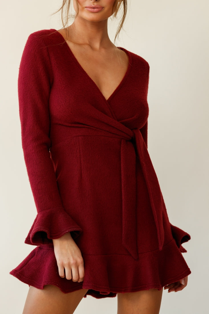 Shalini Flared Cuff Surplice Neckline Knit Dress Wine-Maymioy