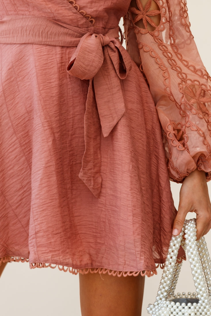 Dali Embroidered Chiffon Balloon Sleeve Dress Rose-Maymioy