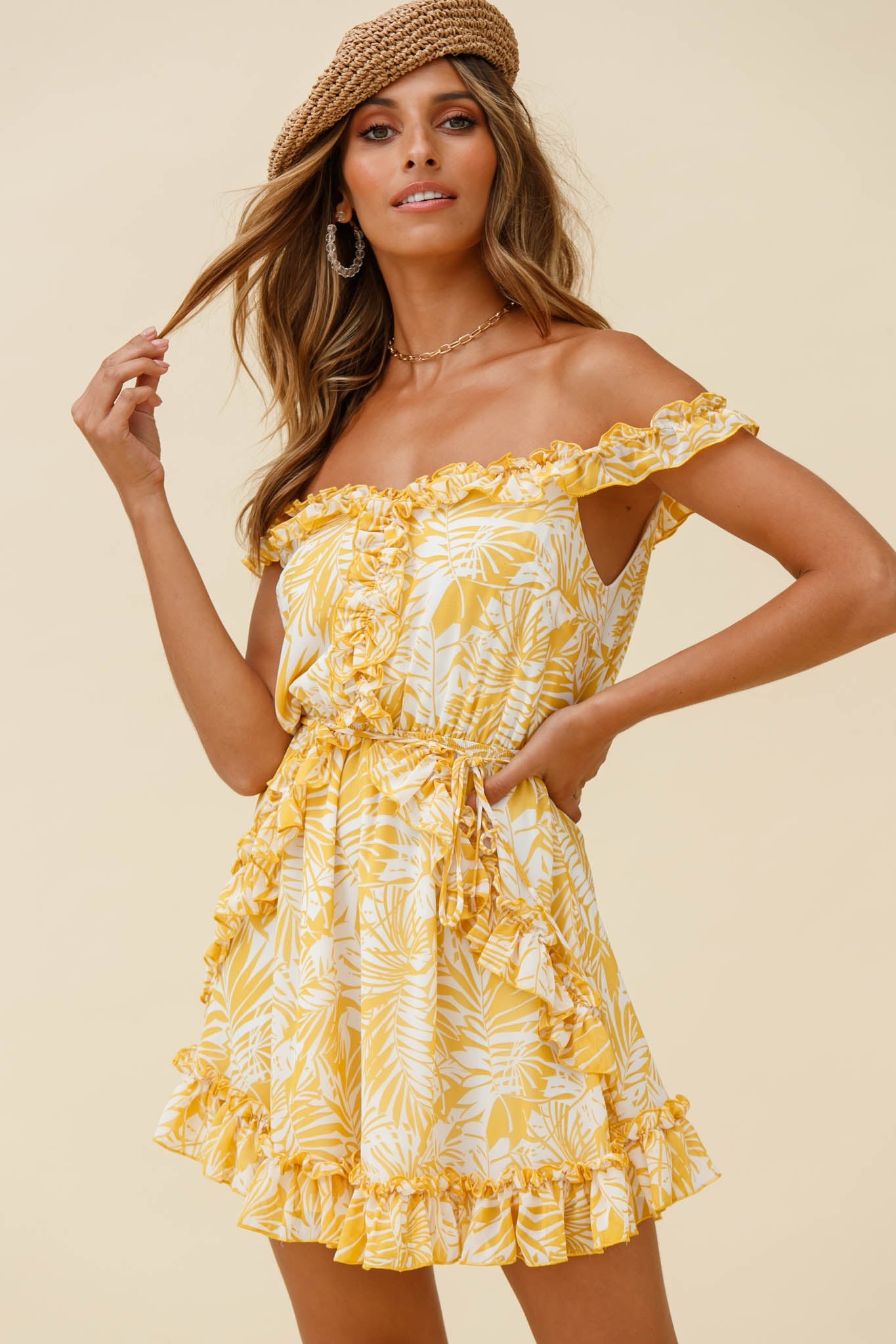 Sail Away Off-Shoulder Frill Accent Dress Tropical Print Yellow-Maymioy