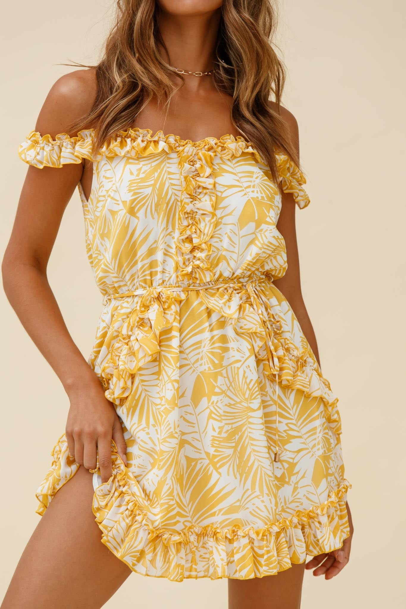 Sail Away Off-Shoulder Frill Accent Dress Tropical Print Yellow-Maymioy