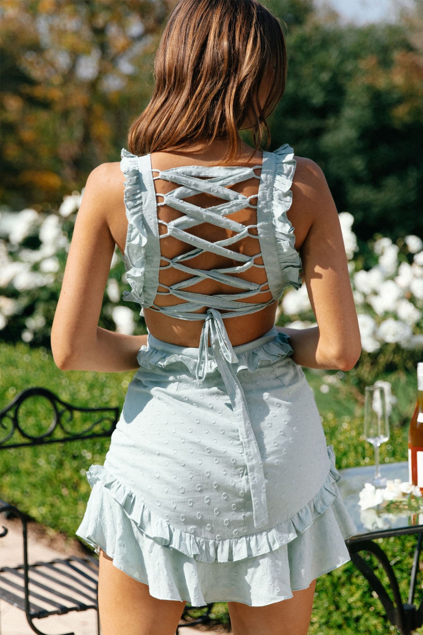 My Belle V-Neckline Lace-Up Back Frill Dress Mint-Maymioy