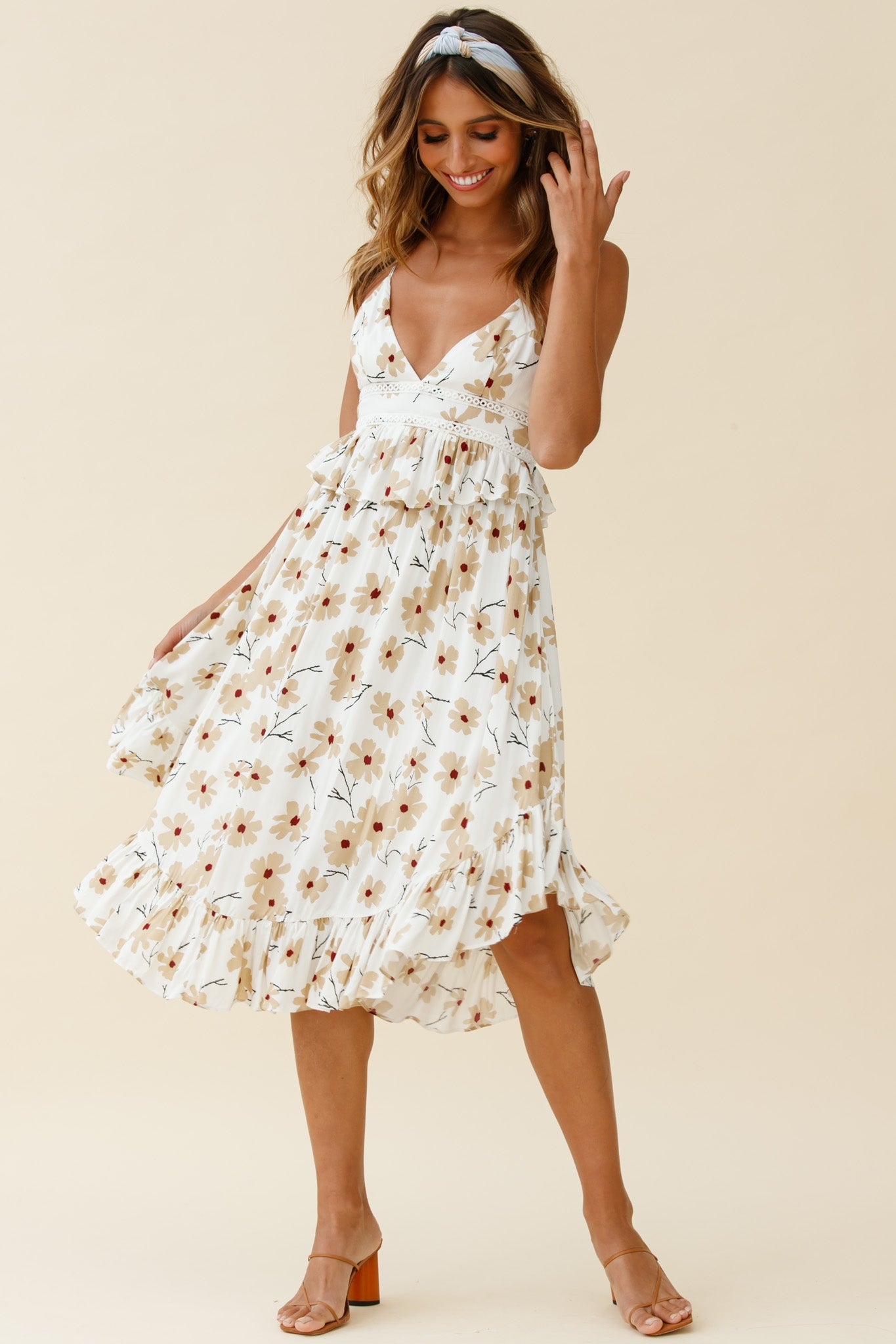 Marigold Peplum Midi Ruffle Dress Floral Print White-Maymioy