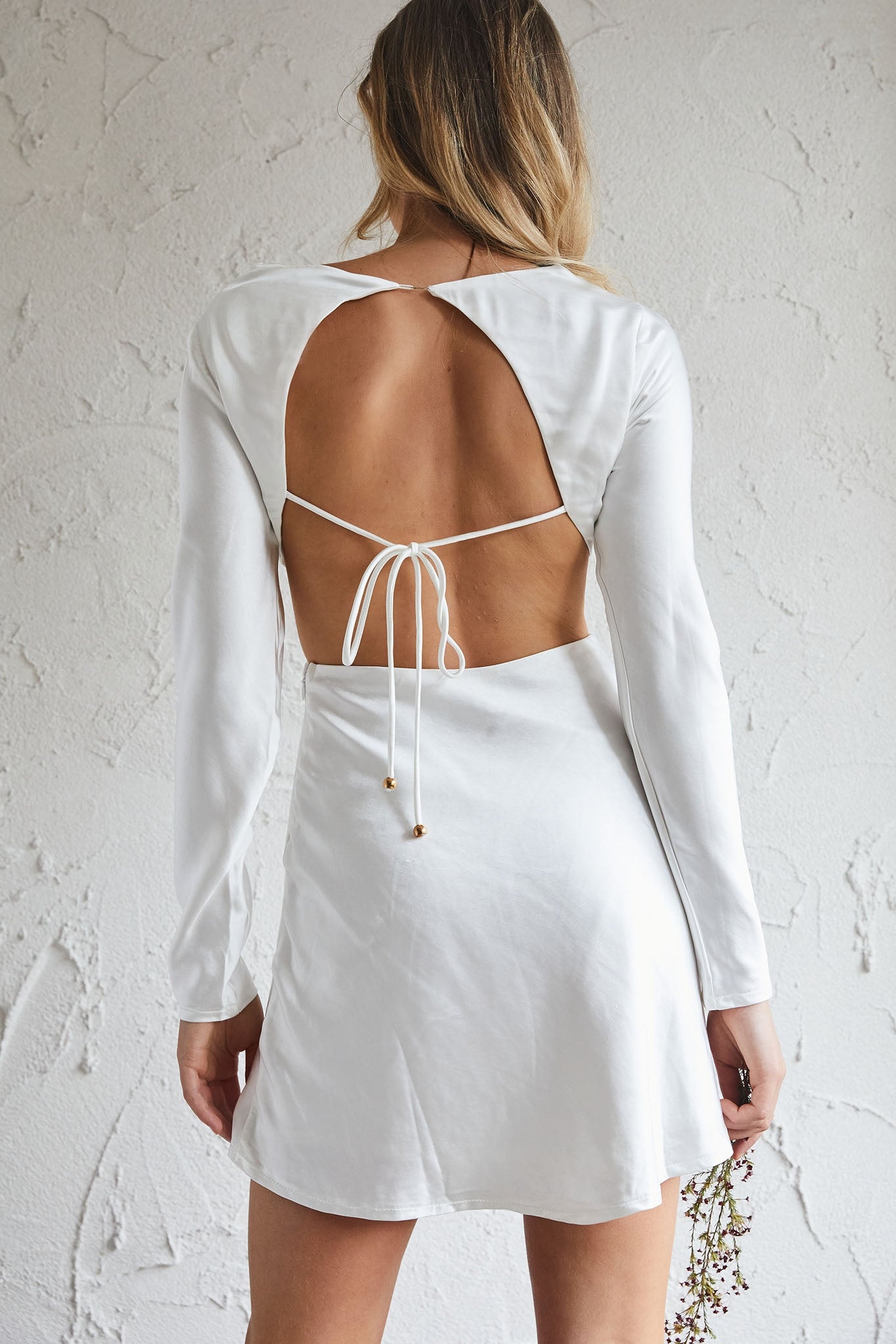 Northern Lights Long Sleeve Open Back Satin Mini Dress Ivory-Maymioy