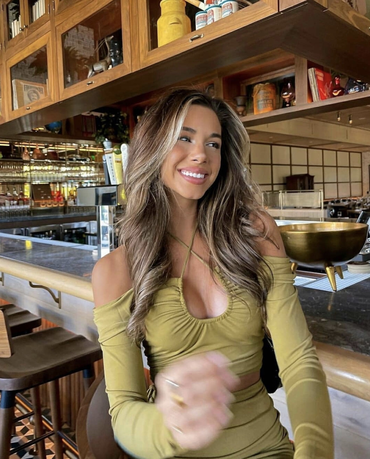 Your Muse Long Sleeve Drawstring Bust Crop Top Olive-Maymioy