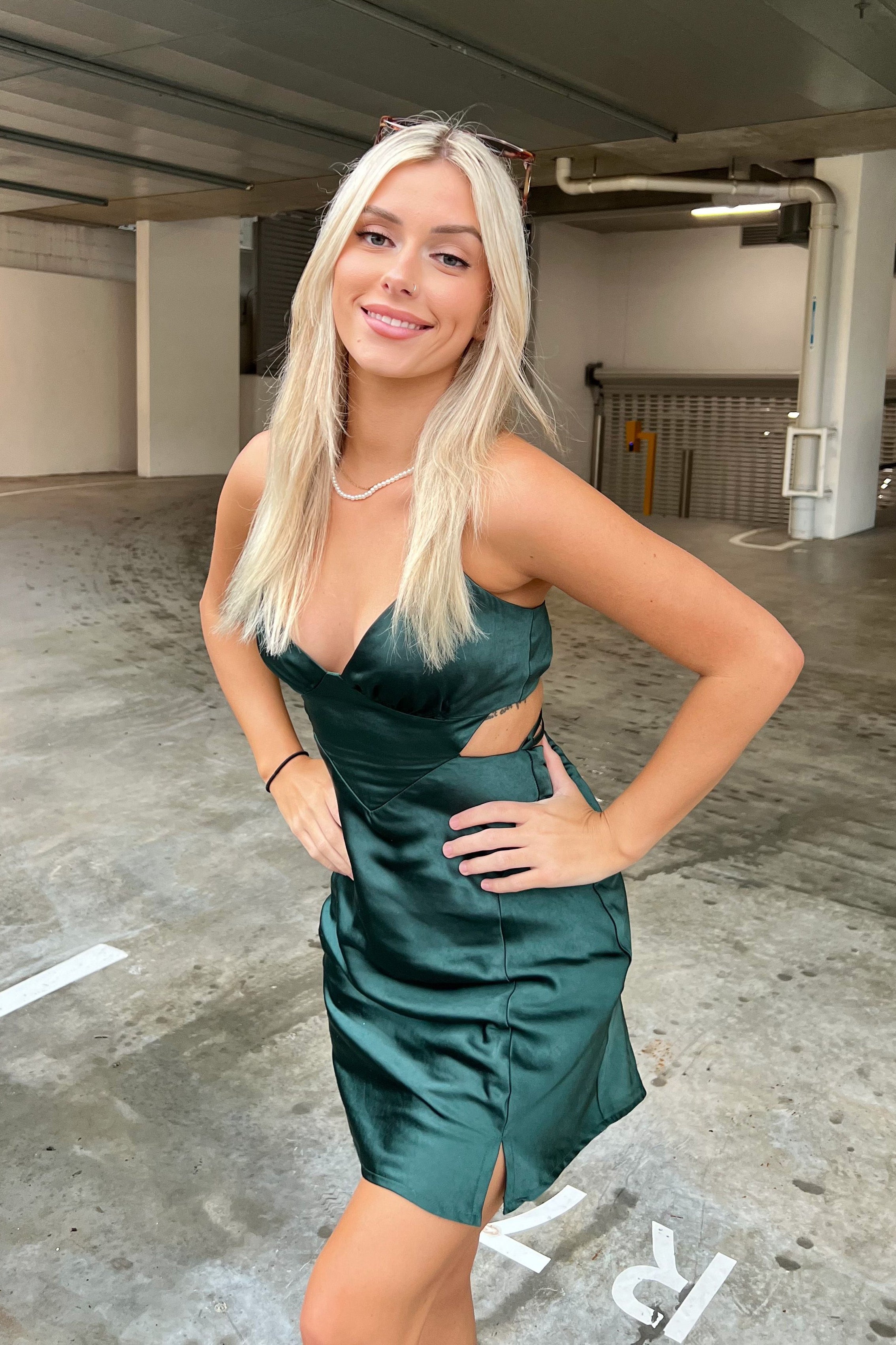 City Lights Cut-Out Waist Strappy Back Mini Dress Jade-Maymioy
