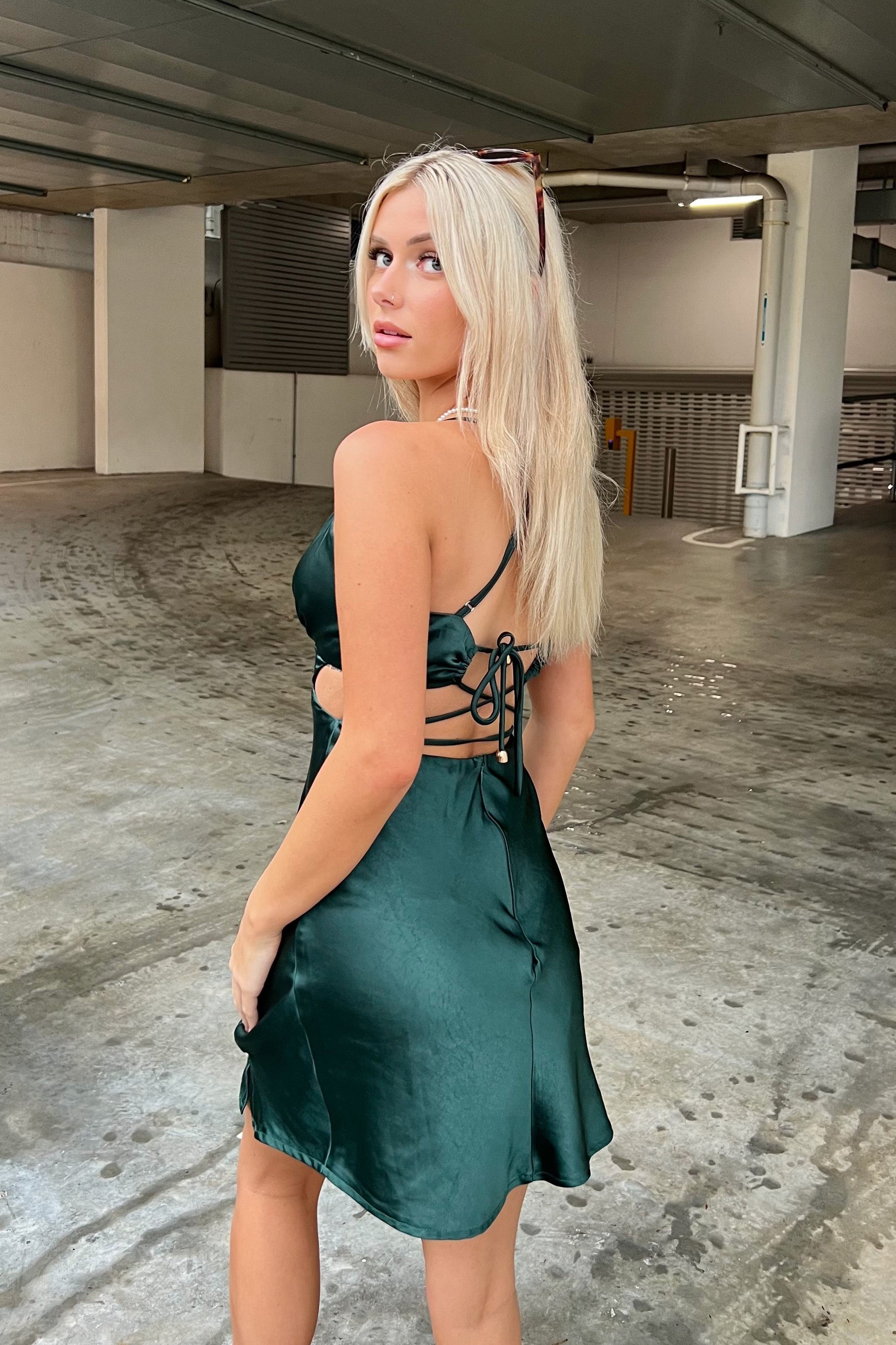 City Lights Cut-Out Waist Strappy Back Mini Dress Jade-Maymioy